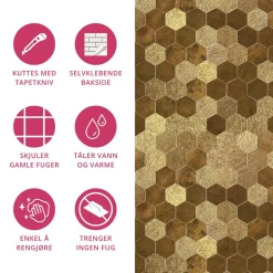 Fashion Hexagon gold selvklebende veggfliser Veggfliser | Til Kjøkkenvegg